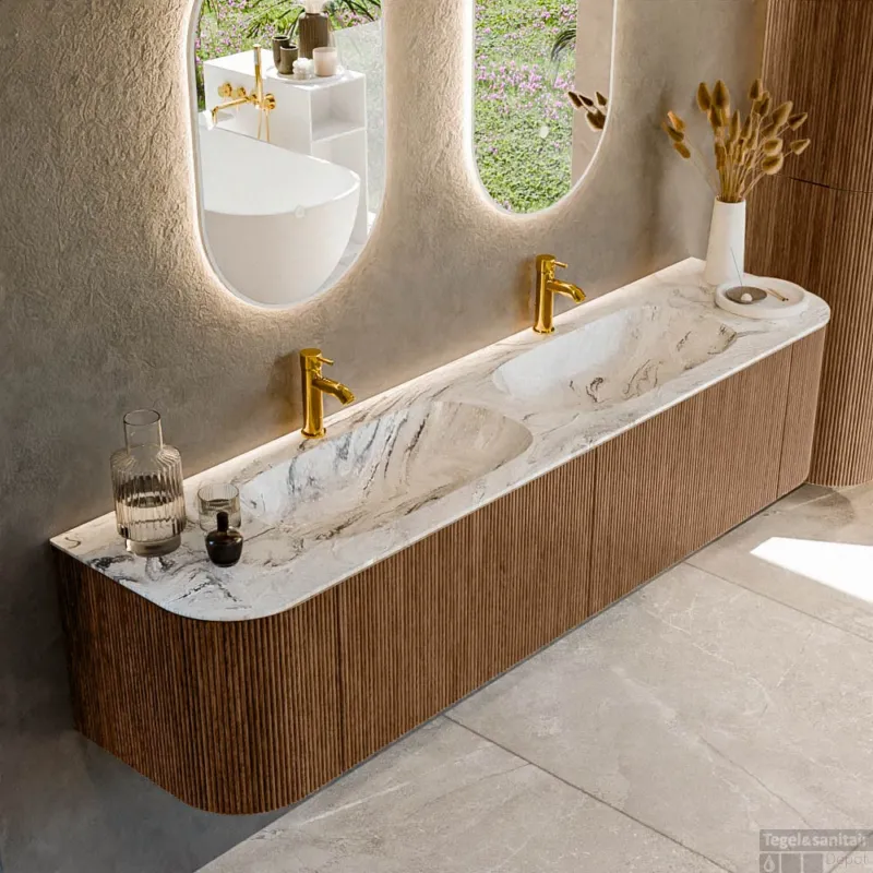 Dagaanbieding Mondiaz KURVE-DLUX 190 cm Onderkast Greeploos 2 Lades Met Deuren Walnut, Wastafel Solid Surface Dubbel Glace 2 Kraangaten Zonder Spiegel (KRVSTS190L+R2L2D2KD-Wal/Gla)