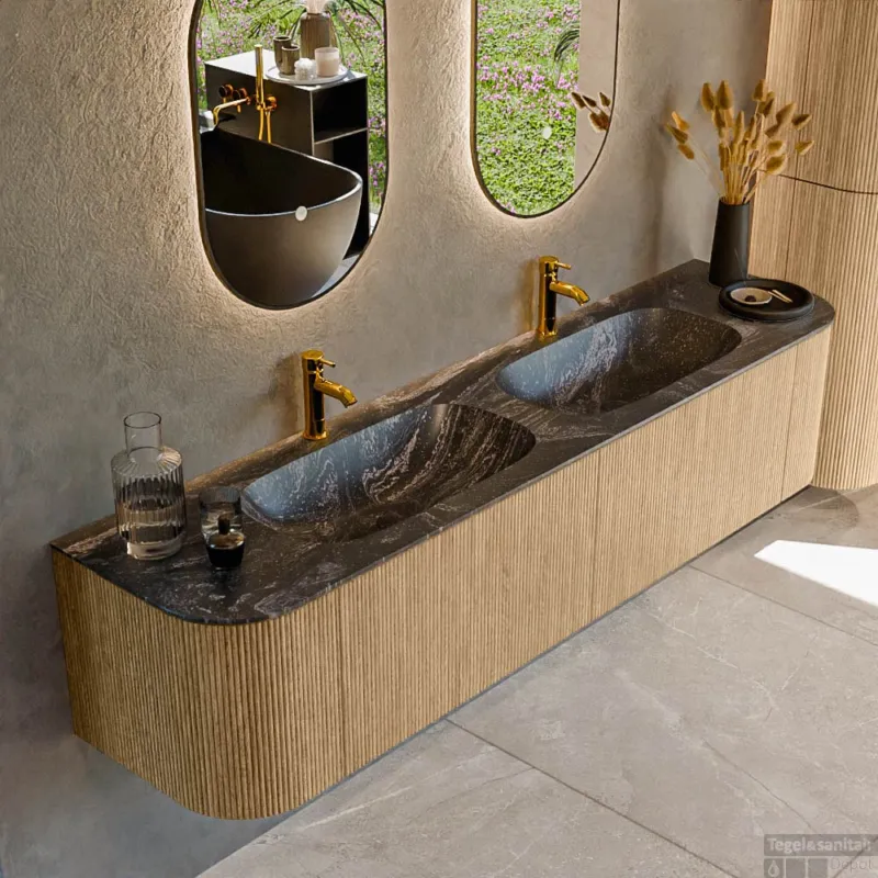 Veilige Betaling Mondiaz KURVE-DLUX 190 cm Onderkast Greeploos 2 Lades Met Deuren Oak, Wastafel Solid Surface Dubbel Lava 2 Kraangaten Zonder Spiegel (KRVSTS190L+R2L2D2KD-Oak/Lav)