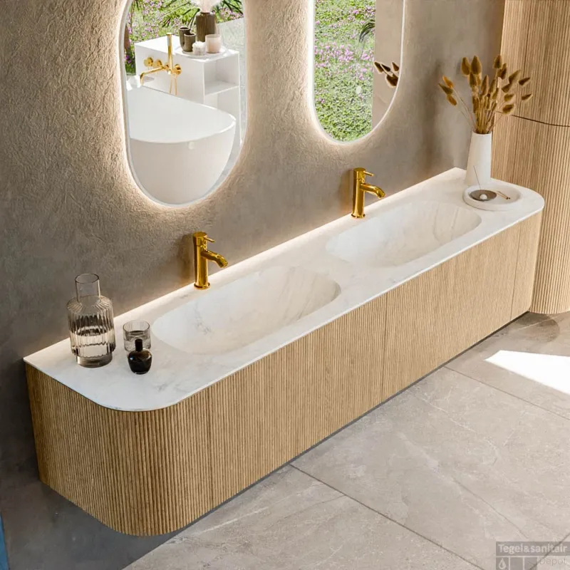 Hoge Kwaliteit Mondiaz KURVE-DLUX 200 cm Onderkast Greeploos 2 Lades Met Deuren Oak, Wastafel Solid Surface Dubbel Opalo 2 Kraangaten Zonder Spiegel (KRVSTS200L+R2L2D2KD-Oak/Opa)