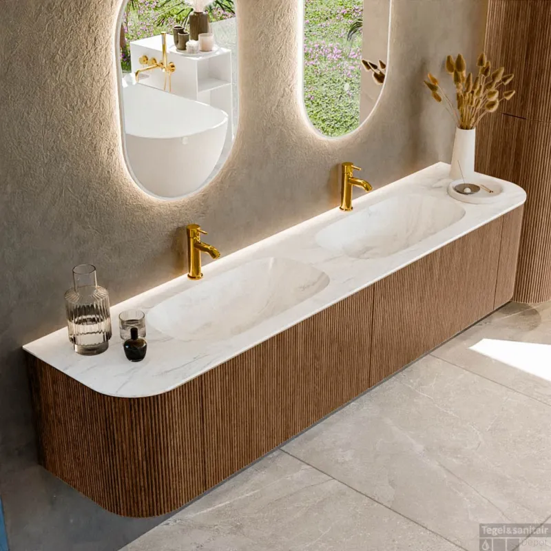 Beperkt Aanbod Mondiaz KURVE-DLUX 200 cm Onderkast Greeploos 2 Lades Met Deuren Walnut, Wastafel Solid Surface Dubbel Ostra 2 Kraangaten Zonder Spiegel (KRVSTS200L+R2L2D2KD-Wal/Ost)