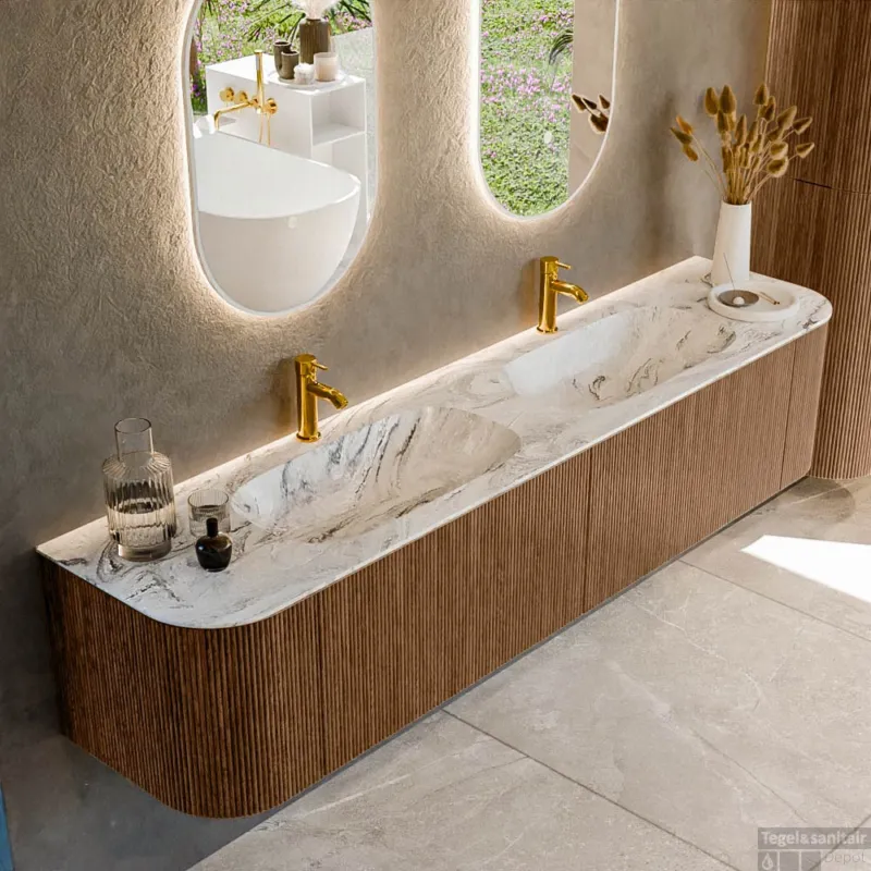 Bestseller Mondiaz KURVE-DLUX 200 cm Onderkast Greeploos 2 Lades Met Deuren Walnut, Wastafel Solid Surface Dubbel Glace 2 Kraangaten Zonder Spiegel (KRVSTS200L+R2L2D2KD-Wal/Gla)