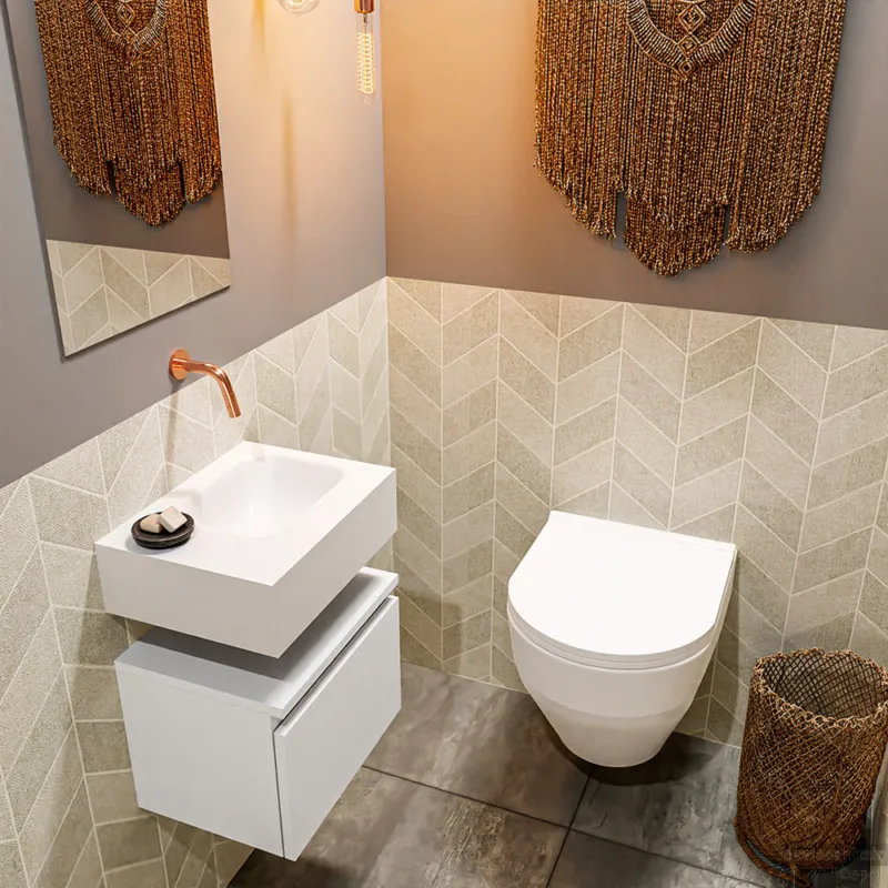 MONDIAZ ANDOR 40cm toiletmeubel talc. LEX 40cm wastafel talc rechts geen kraangat Direct Beschikbaar