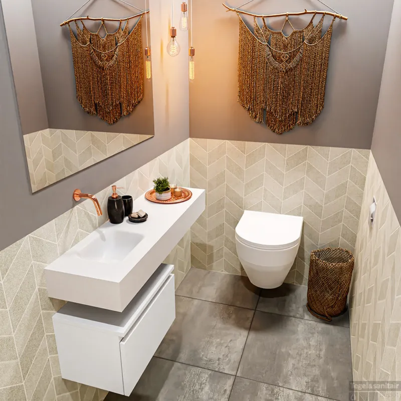 MONDIAZ ANDOR 50cm toiletmeubel talc. LEX 100cm wastafel talc links geen kraangat Laatste Kans