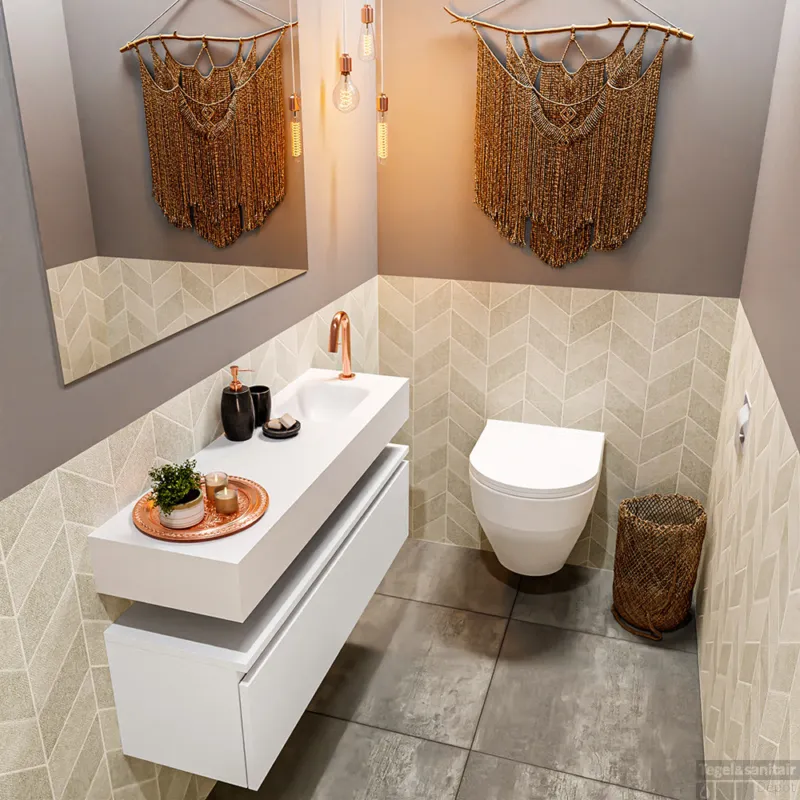 MONDIAZ ANDOR 100cm toiletmeubel talc. LEX 100cm wastafel talc rechts 1 kraangat Nieuw