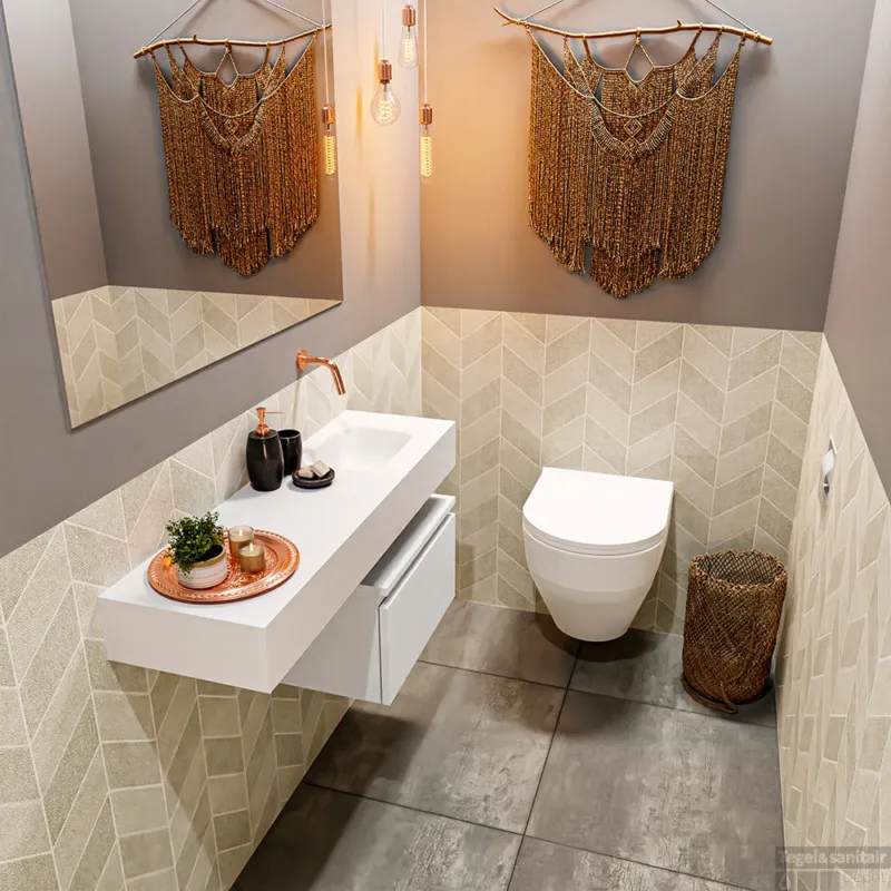 MONDIAZ ANDOR 50cm toiletmeubel talc. LEX 100cm wastafel talc rechts geen kraangat Exclusieve Aanbieding