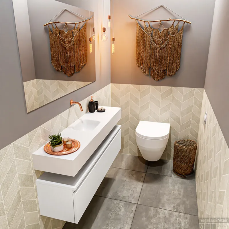 MONDIAZ ANDOR 120cm toiletmeubel talc. LEX 120cm wastafel talc midden geen kraangat Populair