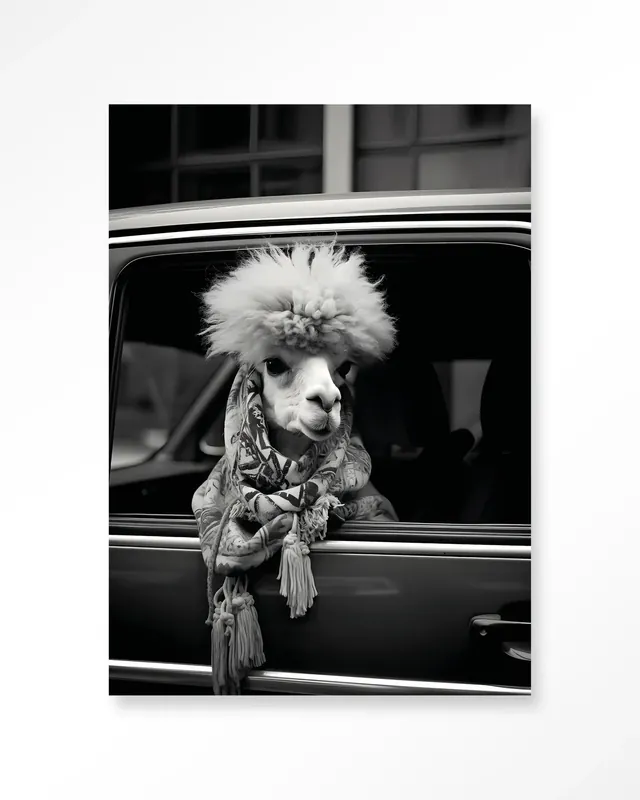 Alpaca In Taxi - Moderne Wanddecoratie | Artprint, Glass Art & Wandkleed Favoriet