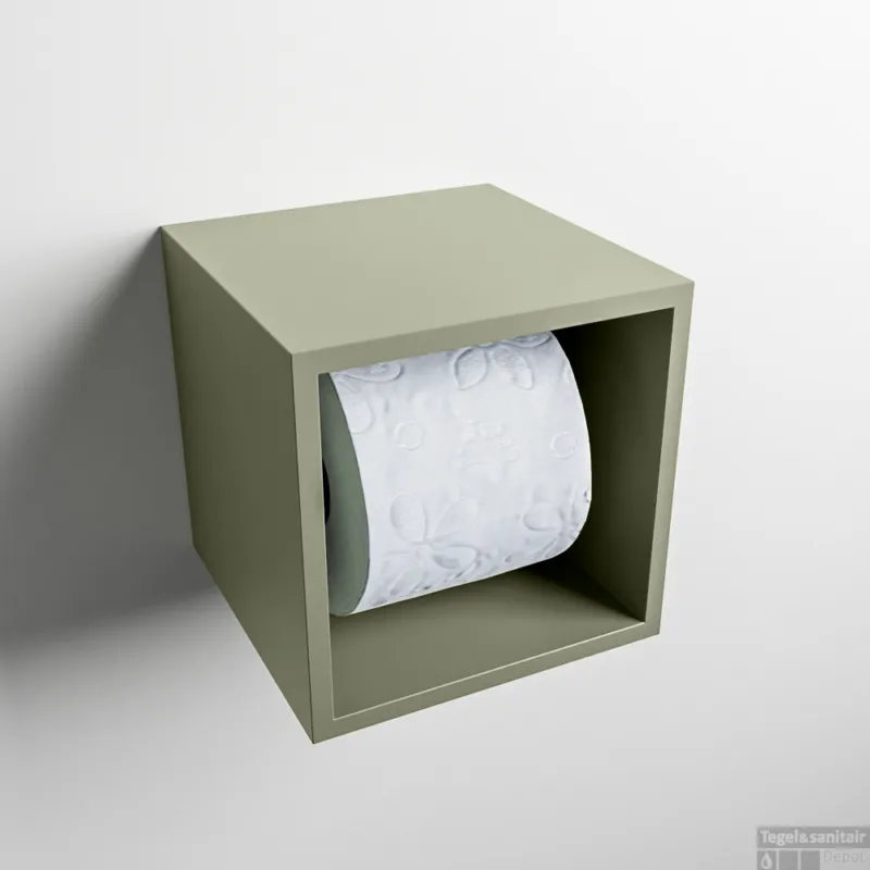 Bestseller MONDIAZ Easy Toiletrolhouder CUBE 160 solid surface 16x16cm kleur Army. Geschikt voor op en inbouw.