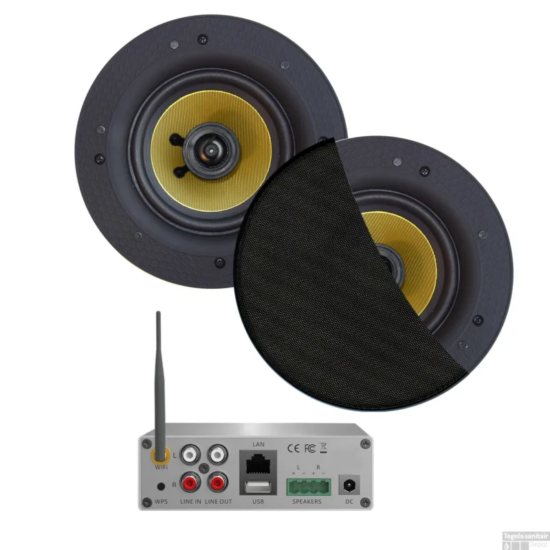 Wifi-Audio Versterker Aquasound Airplay + DLNA 50W Inclusief Speakerset Aquasound Samba 205 mm Zwart Voordeelprijs