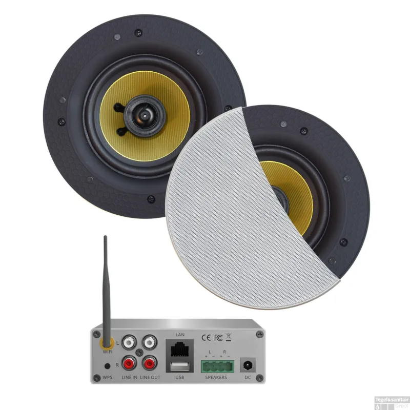 Wifi-Audio Versterker Aquasound Airplay + DLNA 50W Inclusief Speakerset Aquasound Samba 205 mm Wit Beste Prijs