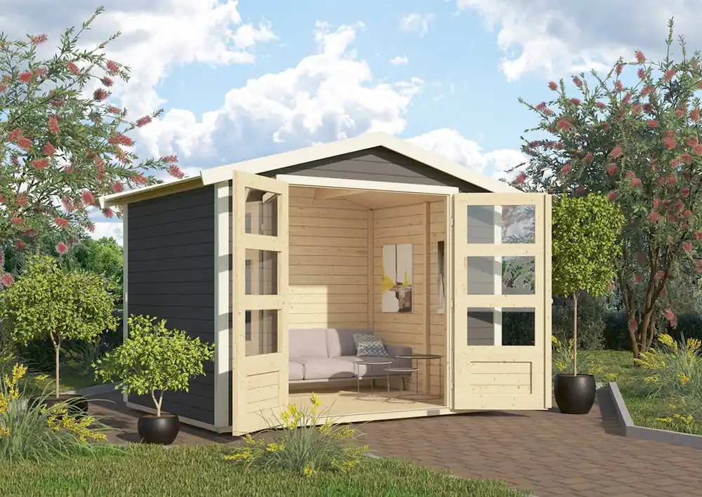 Bestseller Tuinhuis Amberg 3 Terragrijs Karibu 272x210x209cm Wanddikte 19mm