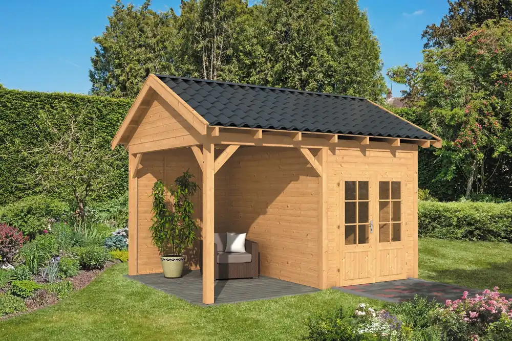 Betrouwbaar Overkapping Zadeldak Hamar L type 3 Douglas Geschaafd 478x395x348cm - Blanke Wanden