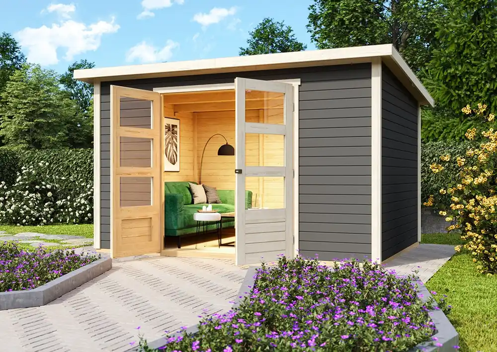 Seizoensaanbieding Tuinhuis Stockach 5 Karibu Terragrijs 330x282x197cm Wanddikte 19mm