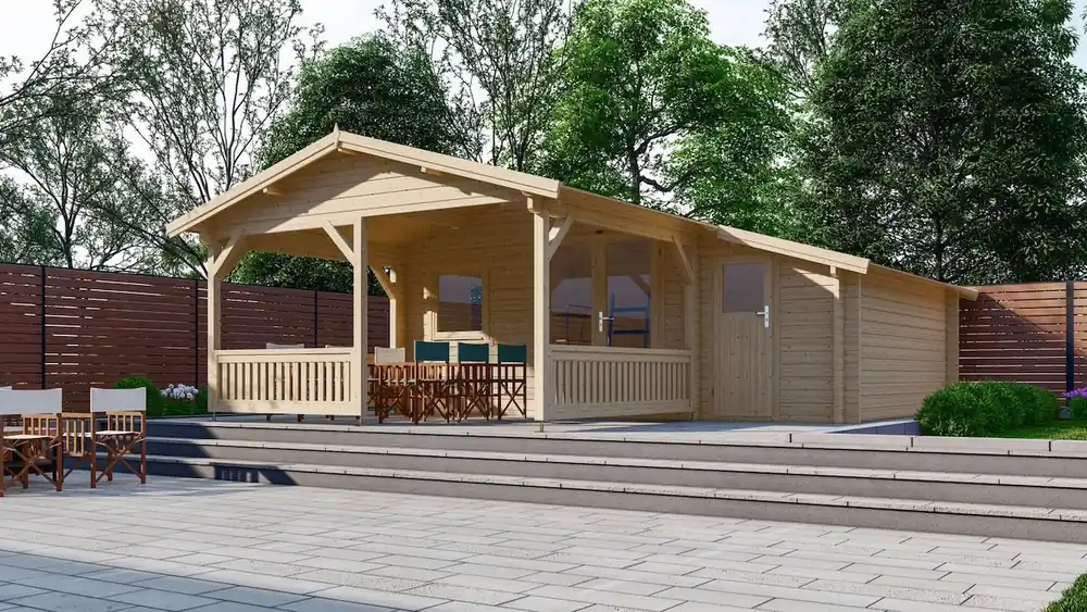 Blokhut 4x4+3Z Interflex 590x640x265cm met Veranda 300 cm + Zijaanbouw 150 cm Wanddikte 50 mm Koopje
