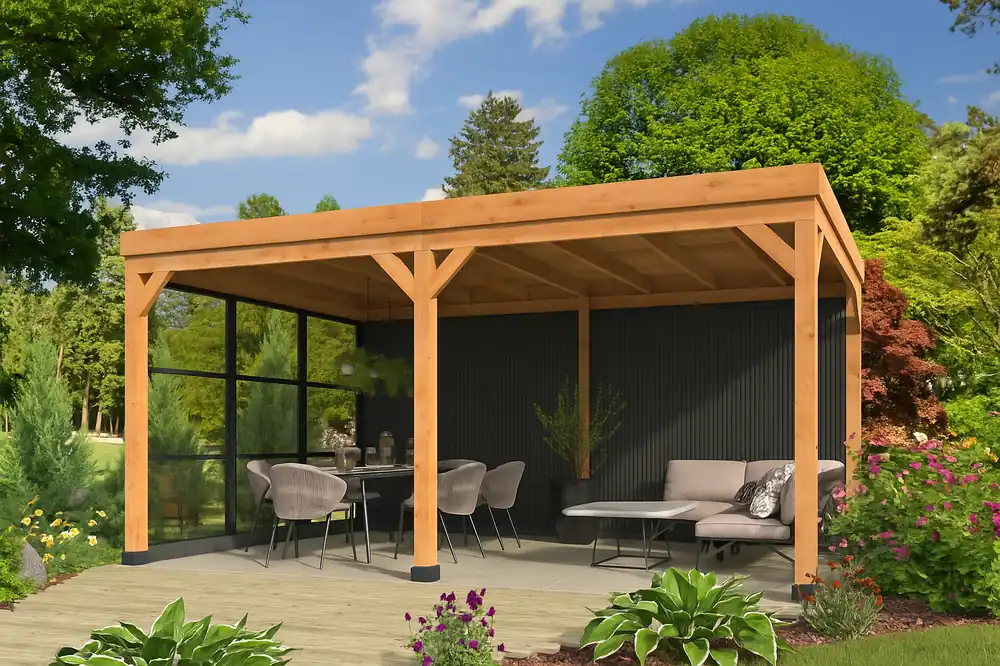 Overkapping met Plat Dak 538x378cm Kiruna Type 1 met Zwart Gespoten Wand Snelle Levering