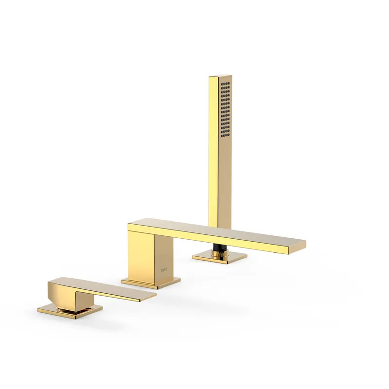 Direct Verzonden Badrandkraan Tres Slim Exclusive met Handdoucheset Rechte Uitloop 18 cm Goud