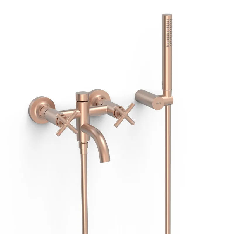 Aanbieding Bad- en Douchemengkraan Tres Mont Blanc 2-Kruisgreep met Staafhanddouche Mat Roze Goud