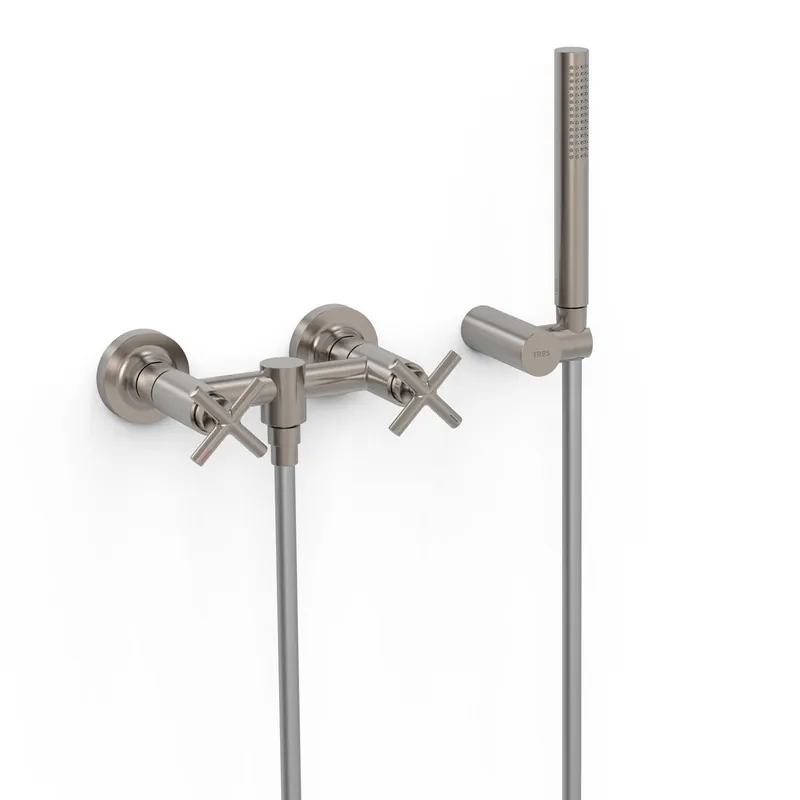 Speciale Aanbieding Douchemengkraan Tres Mont Blanc 2-Kruisgreep met Staafhanddouche RVS Look