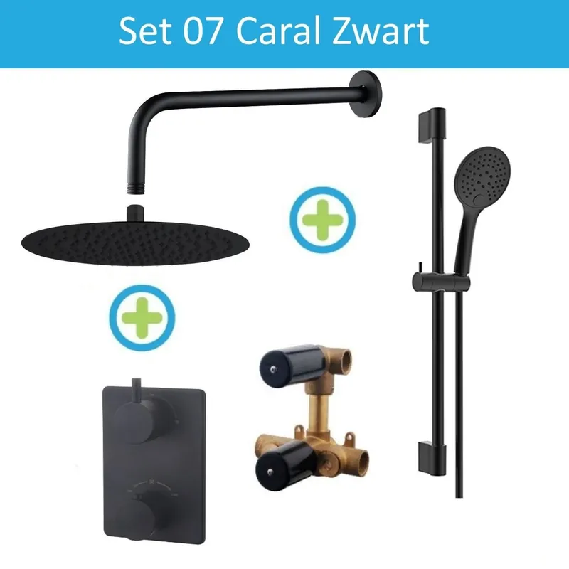 Wiesbaden Inbouw Regendouche Set 07 Caral met Glijstang Mat Zwart Beperkt Aanbod