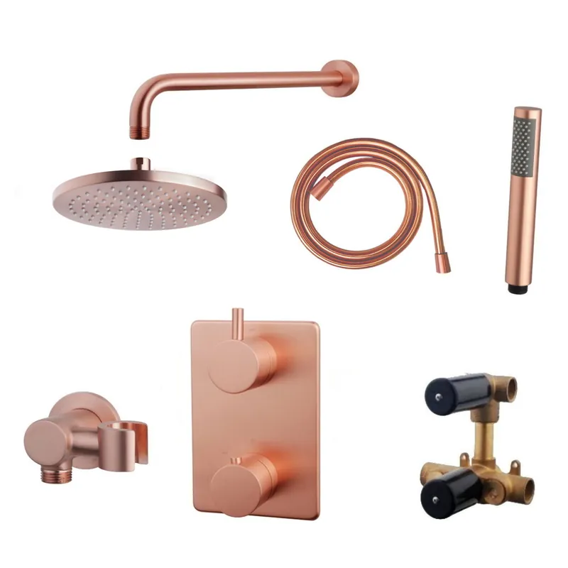 Koop Vandaag Thermostatisch Inbouwdoucheset Aqua Splash Muuruitloop Rond 20 cm Geborsteld Koper