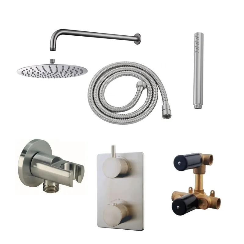 Veilige Betaling Thermostatisch Inbouwdoucheset Aqua Splash Muuruitloop Rond 20 cm Geborsteld RVS