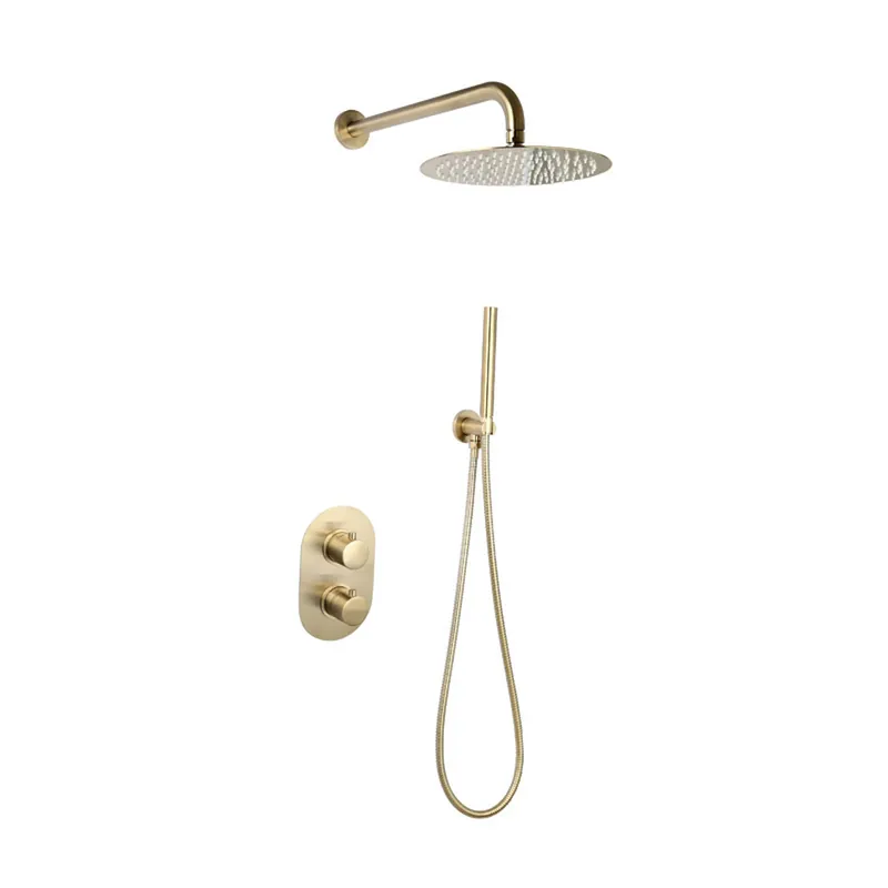 Doucheset Sanilux Rubb Inbouw Met Thermostaat, Douchekop 25 cm, Doucheslang en Handdouche Geborsteld Goud Op = Op