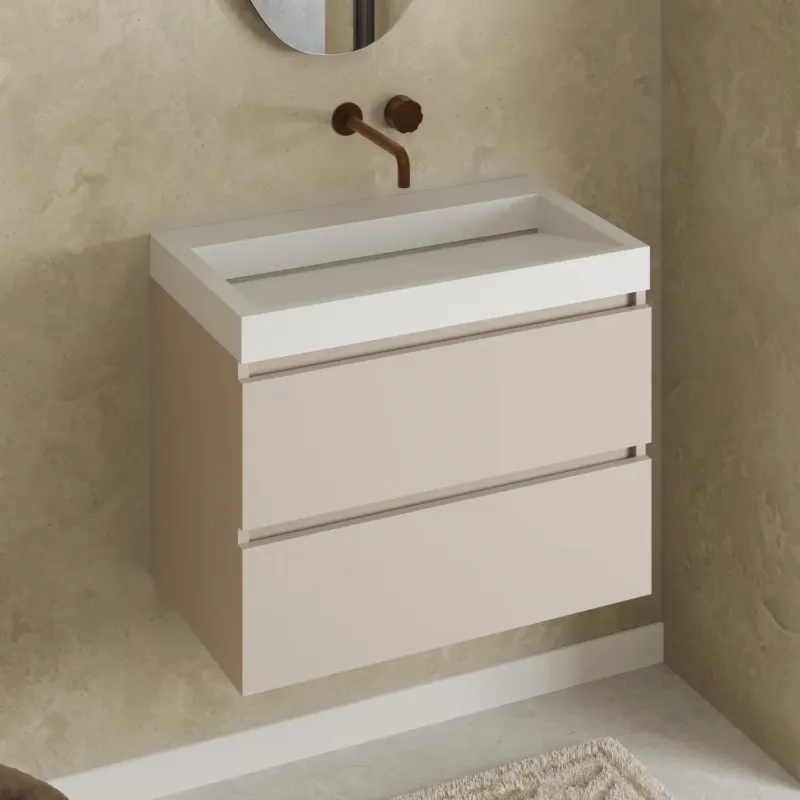 Fontana Elena badkamermeubel 80cm warm linnen met solid surface wastafel zonder kraangat Weekendaanbieding