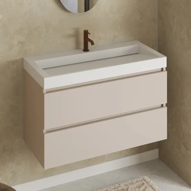 Rechtstreeks Van De Fabrikant Fontana Elena badkamermeubel 100cm warm linnen met solid surface wastafel 1 kraangat