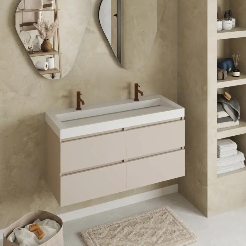 Fontana Elena badkamermeubel 120cm warm linnen met solid surface wastafel 2 kraangaten Actieprijs
