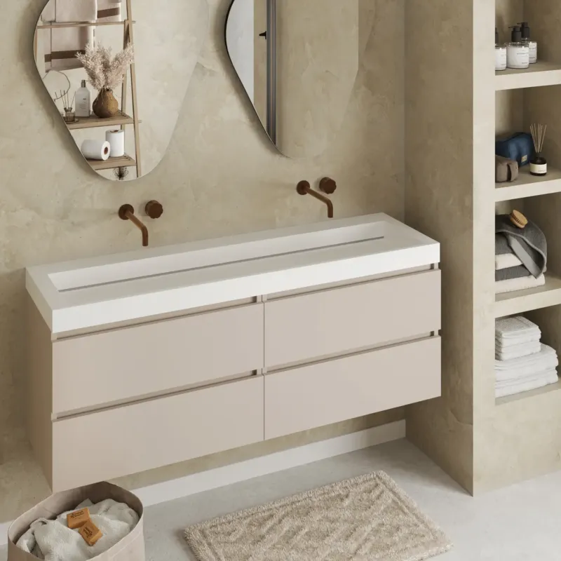 Direct Verzonden Fontana Elena badkamermeubel 160cm warm linnen met solid surface wastafel zonder kraangaten