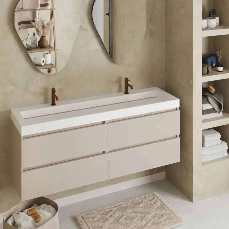 Fontana Elena badkamermeubel 160cm warm linnen met solid surface wastafel 2 kraangaten Snelle Levering