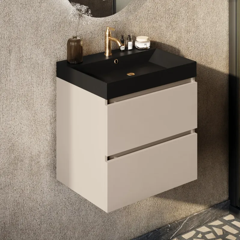 Bestel Nu Fontana Kolo wastafelmeubel warm linnen 60cm zwarte wastafel 1 kraangat