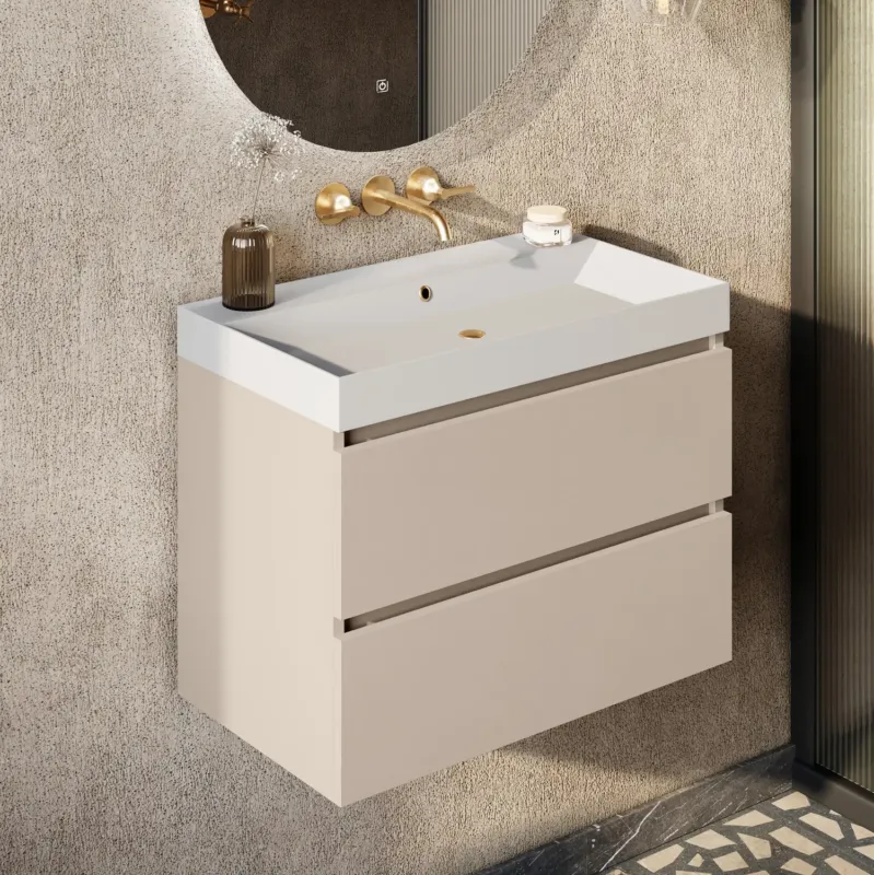 Lage Prijs Fontana Kolo wastafelmeubel warm linnen 80cm mat witte wastafel 0 kraangaten