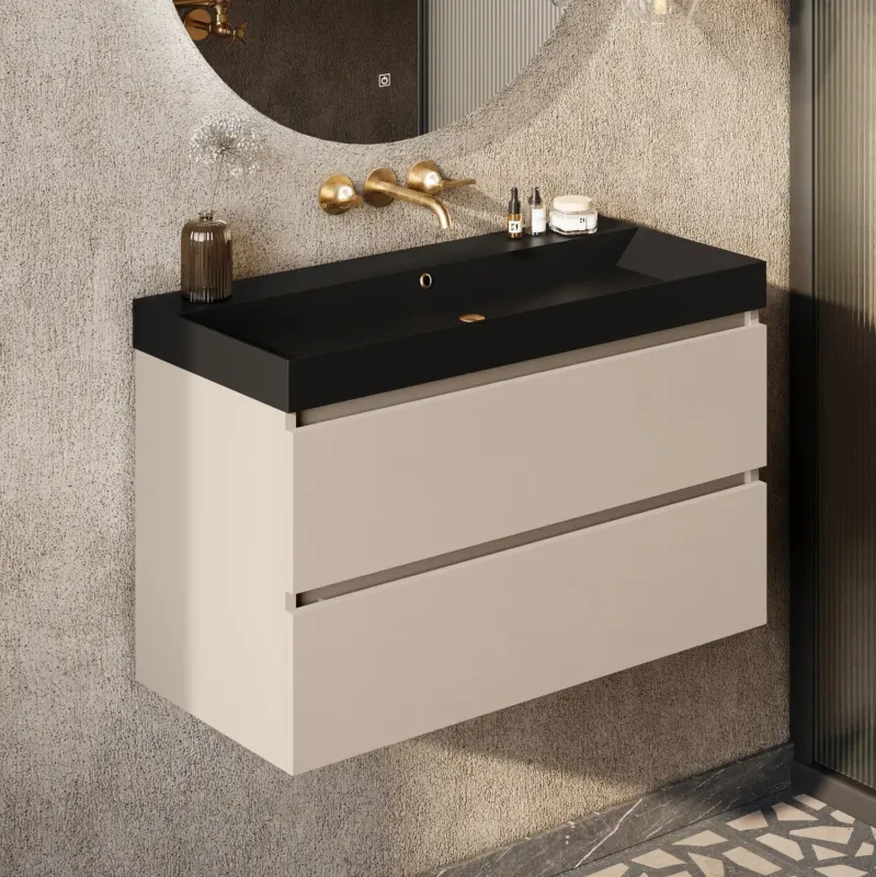 Favoriet Fontana Kolo wastafelmeubel warm linnen 100cm zwarte wastafel 0 kraangaten
