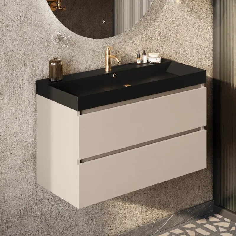 Uitverkoop Fontana Kolo wastafelmeubel warm linnen 100cm zwarte wastafel 1 kraangat