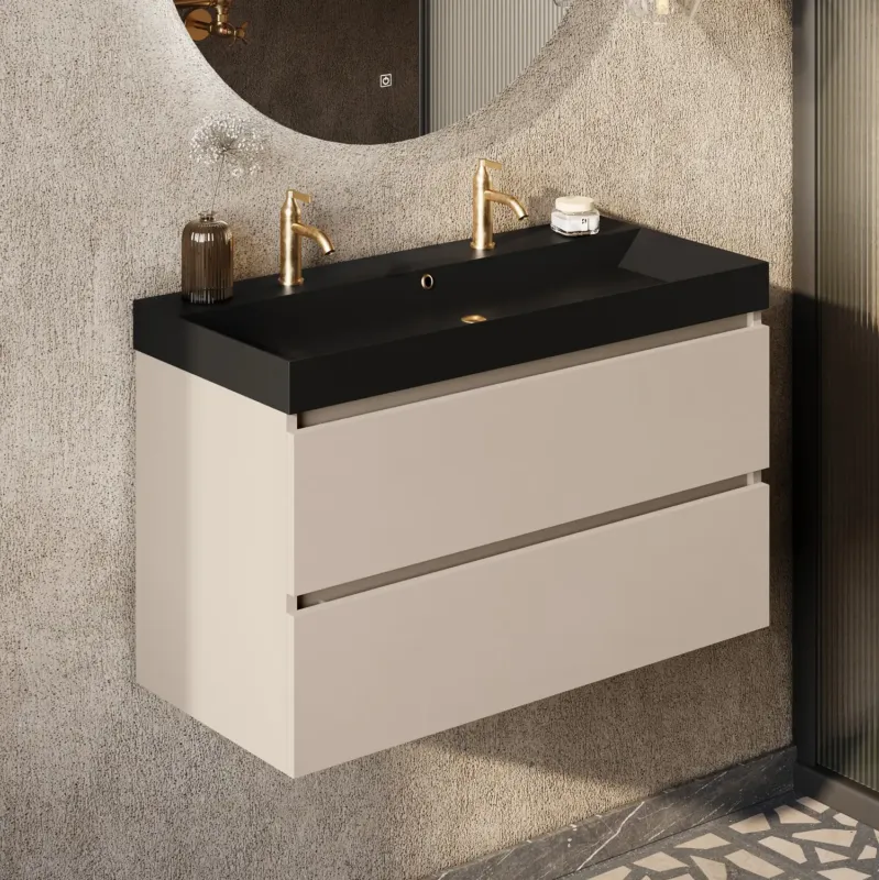 Betrouwbaar Fontana Kolo wastafelmeubel warm linnen 100cm zwarte wastafel 2 kraangaten