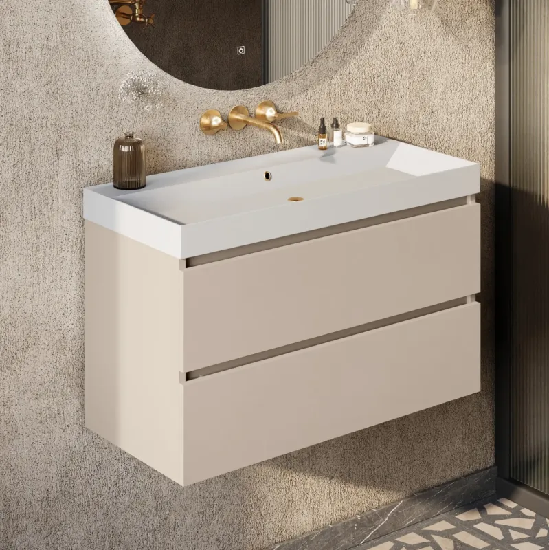 Actieprijs Fontana Kolo wastafelmeubel warm linnen 100cm mat witte wastafel 0 kraangaten