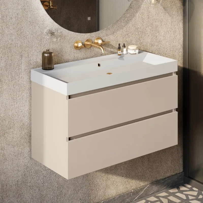Goedkoop Fontana Kolo wastafelmeubel warm linnen 100cm glans witte wastafel 0 kraangaten