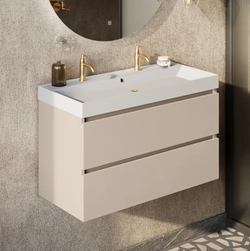 Veilige Betaling Fontana Kolo wastafelmeubel warm linnen 100cm glans witte wastafel 2 kraangaten