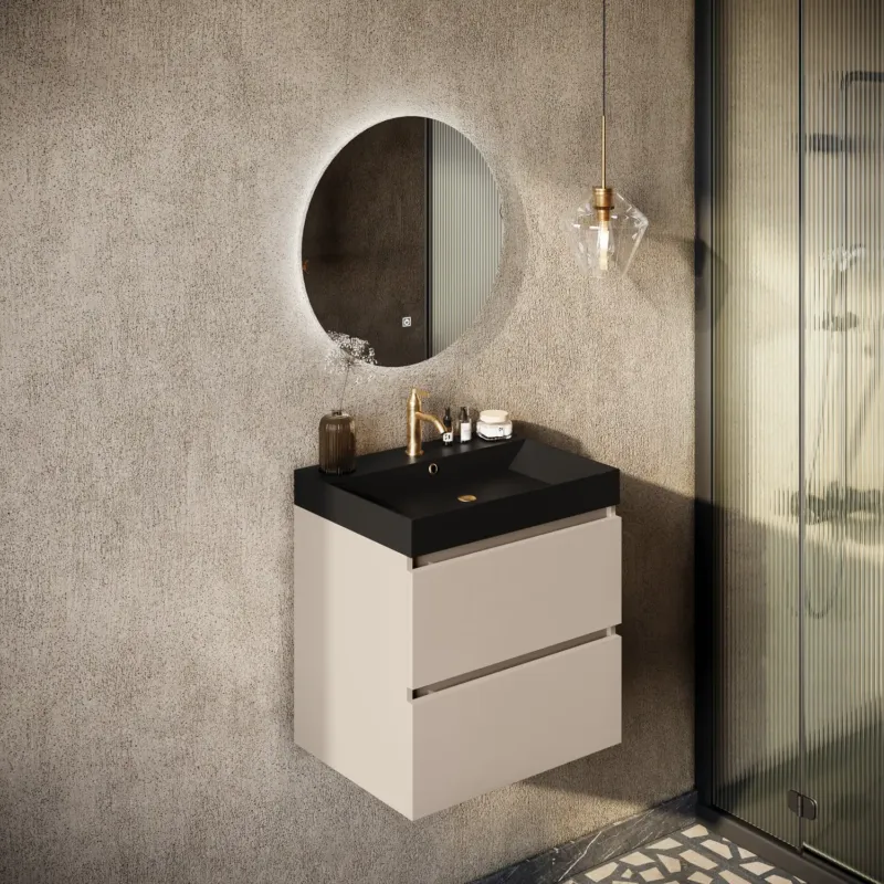 Express Levering Fontana Kolo wastafelmeubel warm linnen 60cm zwarte wastafel 1 kraangat met ronde spiegel