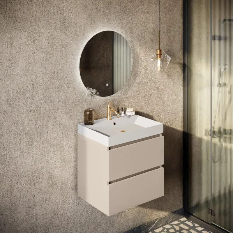 Speciale Aanbieding Fontana Kolo wastafelmeubel warm linnen 60cm mat witte wastafel 1 kraangat met ronde spiegel