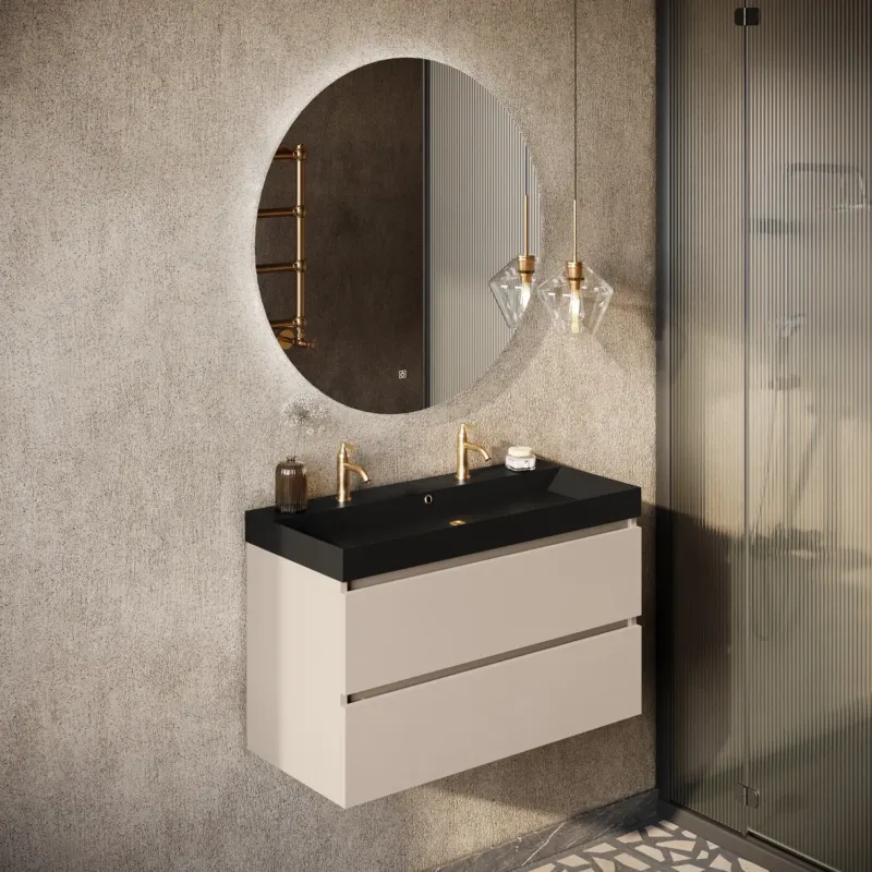 Tijdelijk Beschikbaar Fontana Kolo wastafelmeubel warm linnen 100cm zwarte wastafel 2 kraangaten met ronde spiegel