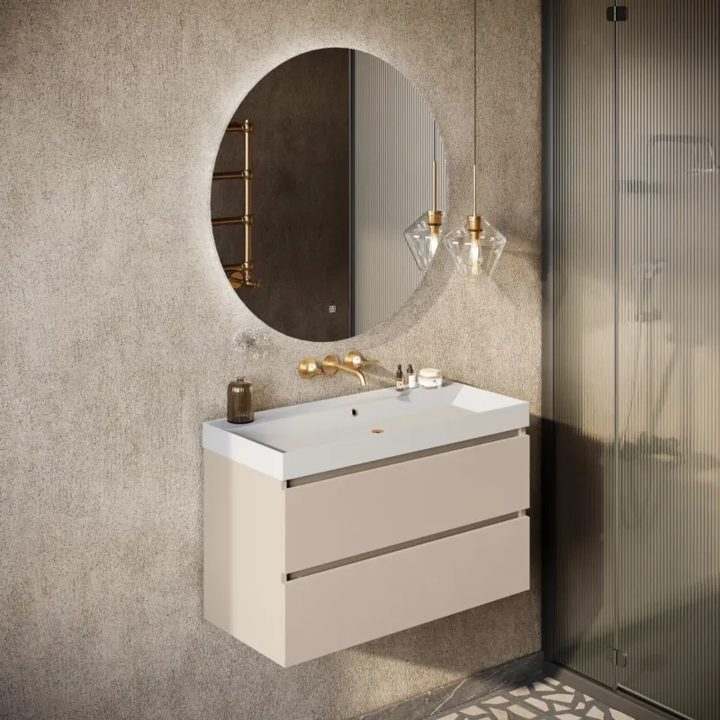 Premium Fontana Kolo wastafelmeubel warm linnen 100cm glans witte wastafel 0 kraangaten met ronde spiegel
