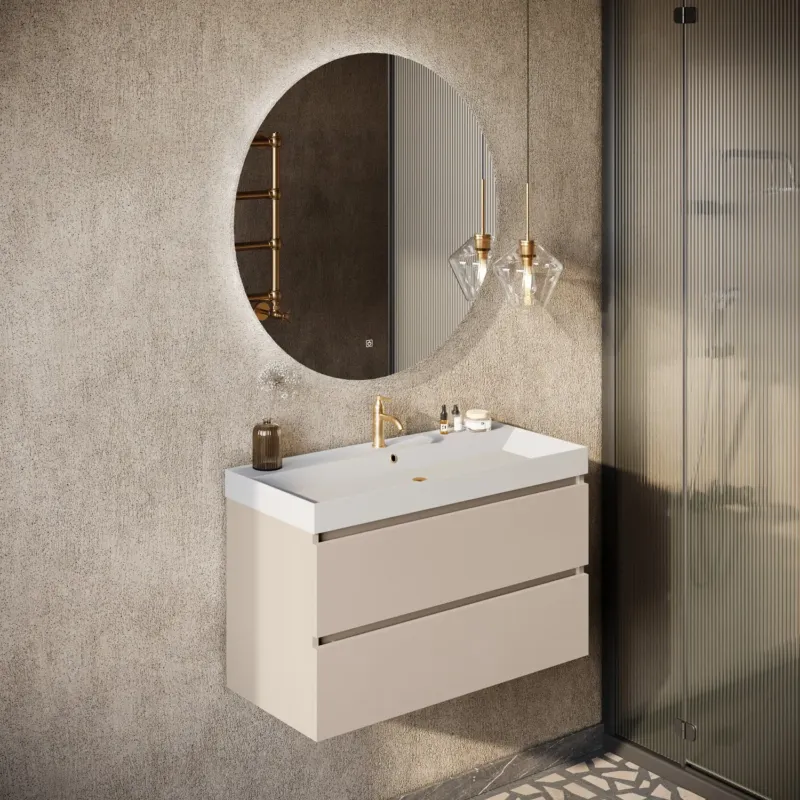 Gecertificeerd Fontana Kolo wastafelmeubel warm linnen 100cm glans witte wastafel 1 kraangat met ronde spiegel