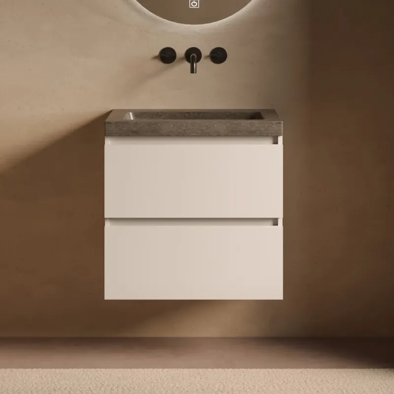 Fontana Freestone badkamermeubel warm linnen 60cm met natuurstenen wastafel zonder kraangat Tijdelijk Beschikbaar