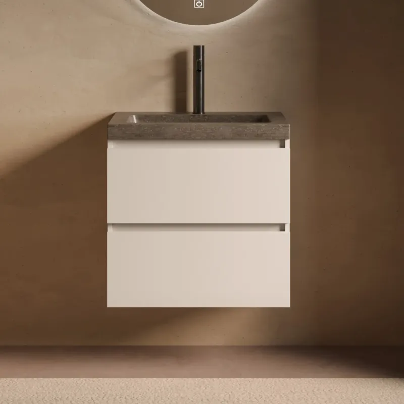 Fontana Freestone badkamermeubel warm linnen 60cm met natuurstenen wastafel 1 kraangat Flitsaanbieding