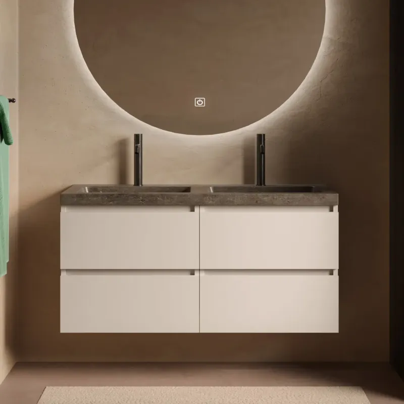 Laatste Kans Fontana Freestone badkamermeubel warm linnen 120cm met natuurstenen wastafel 2 kraangaten