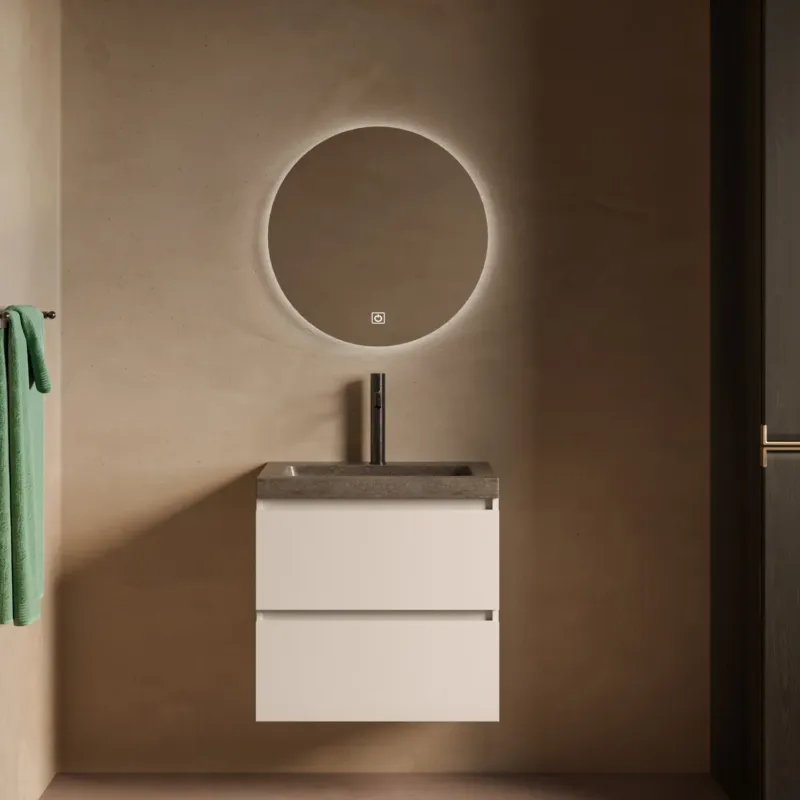 Nieuw Fontana Freestone badkamermeubel warm linnen 60cm met natuurstenen wastafel 1 kraangat en ronde spiegel