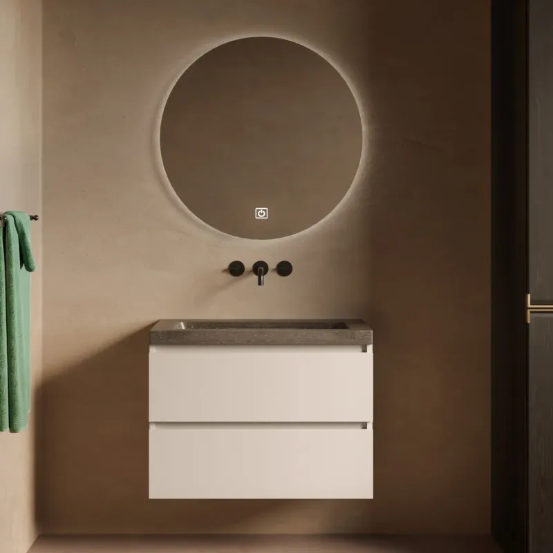 Direct Verzonden Fontana Freestone badkamermeubel warm linnen 80cm met natuurstenen wastafel zonder kraangat en ronde spiegel
