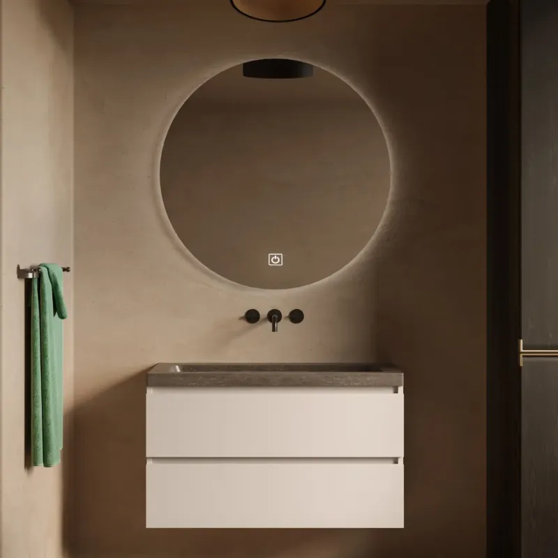 Shop Nu Fontana Freestone badkamermeubel warm linnen 100cm met natuurstenen wastafel zonder kraangat en ronde spiegel